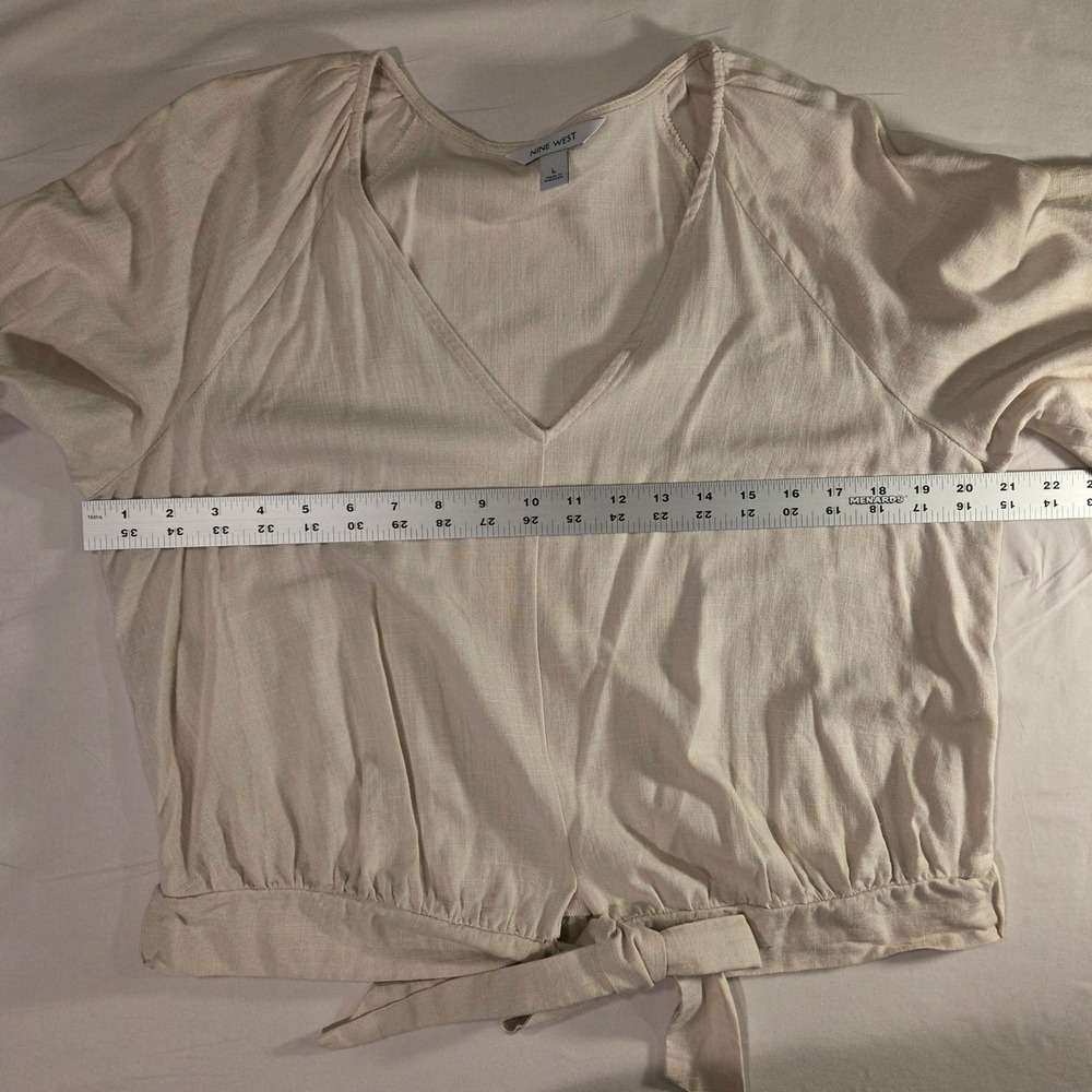 Nine West‎ Women's Cream Linen Blend Half Sleeve Tie Front Blouse Size L Cropped - Picture 8 of 11